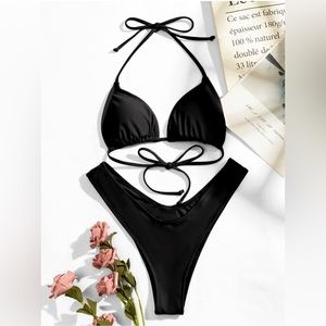 Women's 2 Piece High Cut Halter Backless Triangle Bikini Size Large in Black